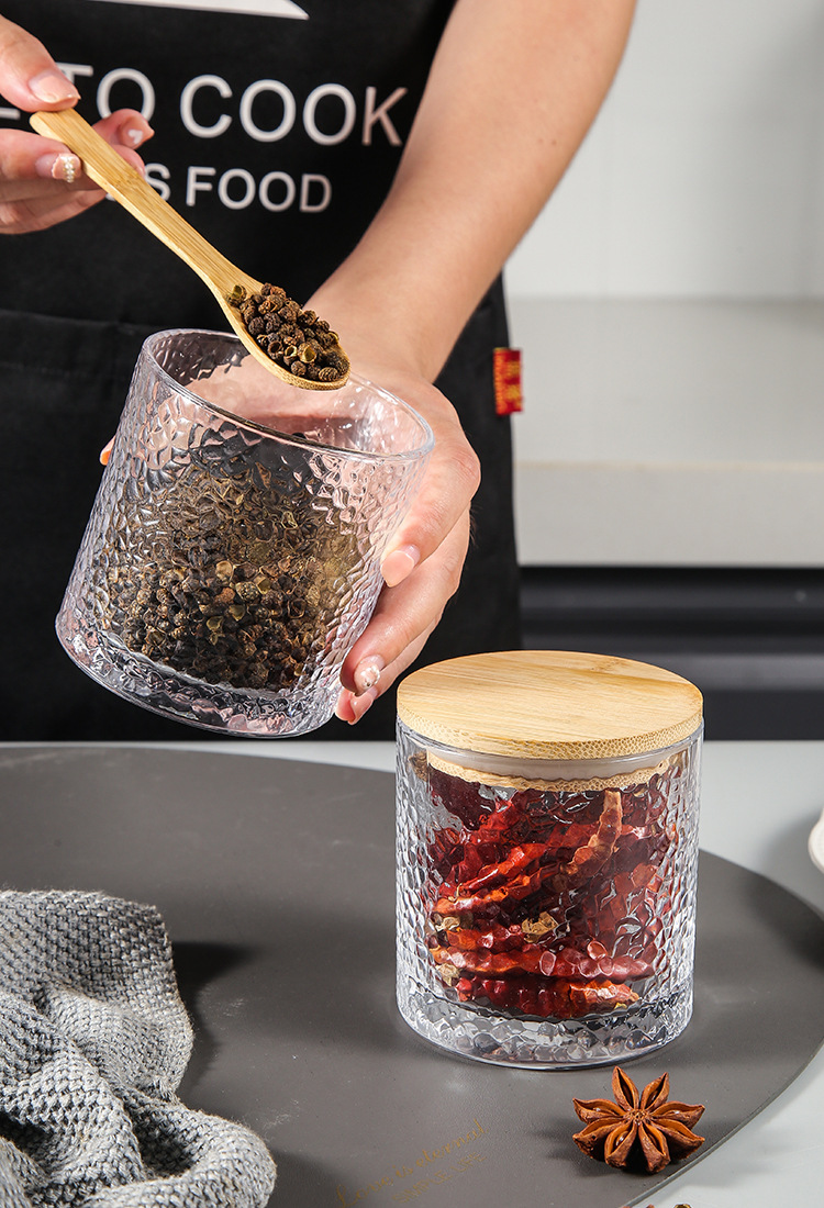 Green Classic Japanese Hammer patterned glass sealed Jar, Creative bamboo and wood tea jar, seasoning jar, storage jar, Kitchenware pic 15