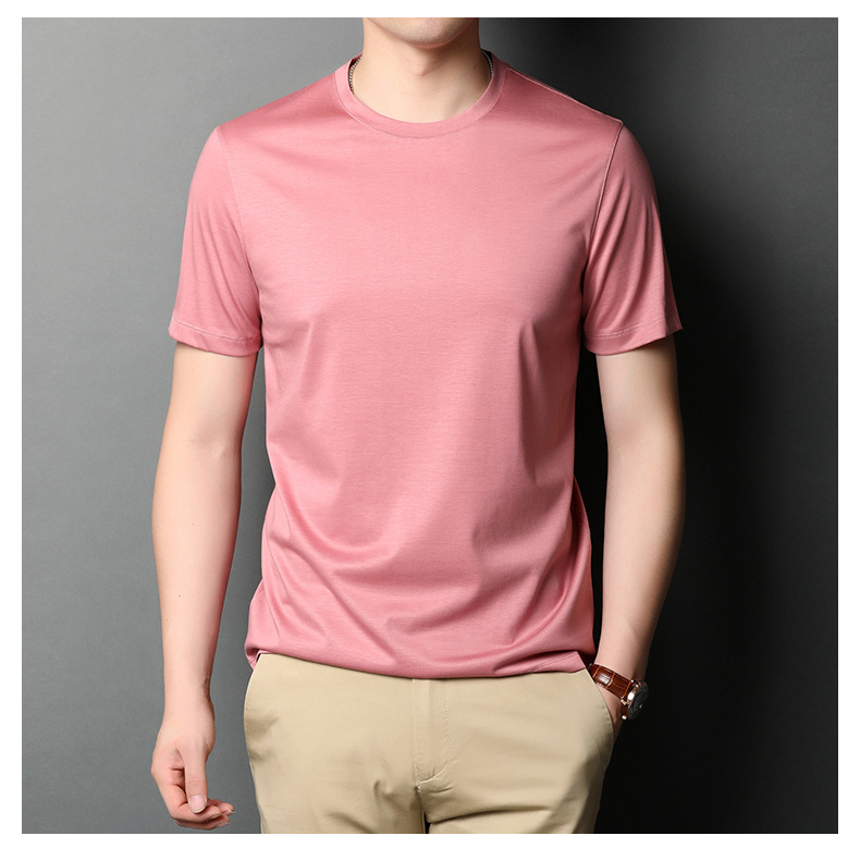 A new short-sleeved T-shirt for men made of mulberry silk in summer, with a round neck and solid color. It is a simple and thin Korean-style trendy base layer made of silk pic 40