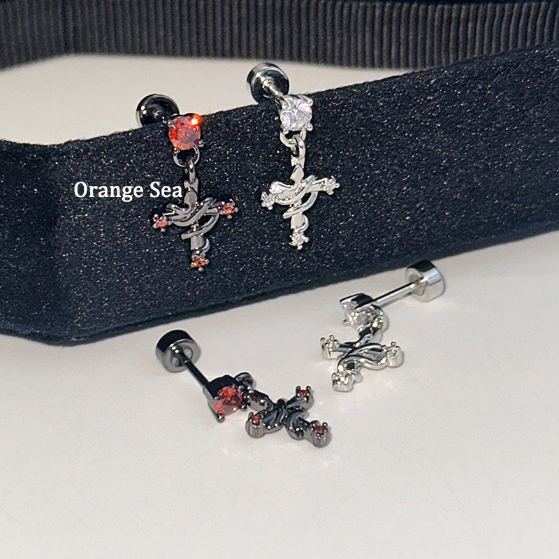 甜酷缠绕小蛇十字架耳骨钉钛钢辣妹独特吊坠耳钉小众设计感耳饰女详情3