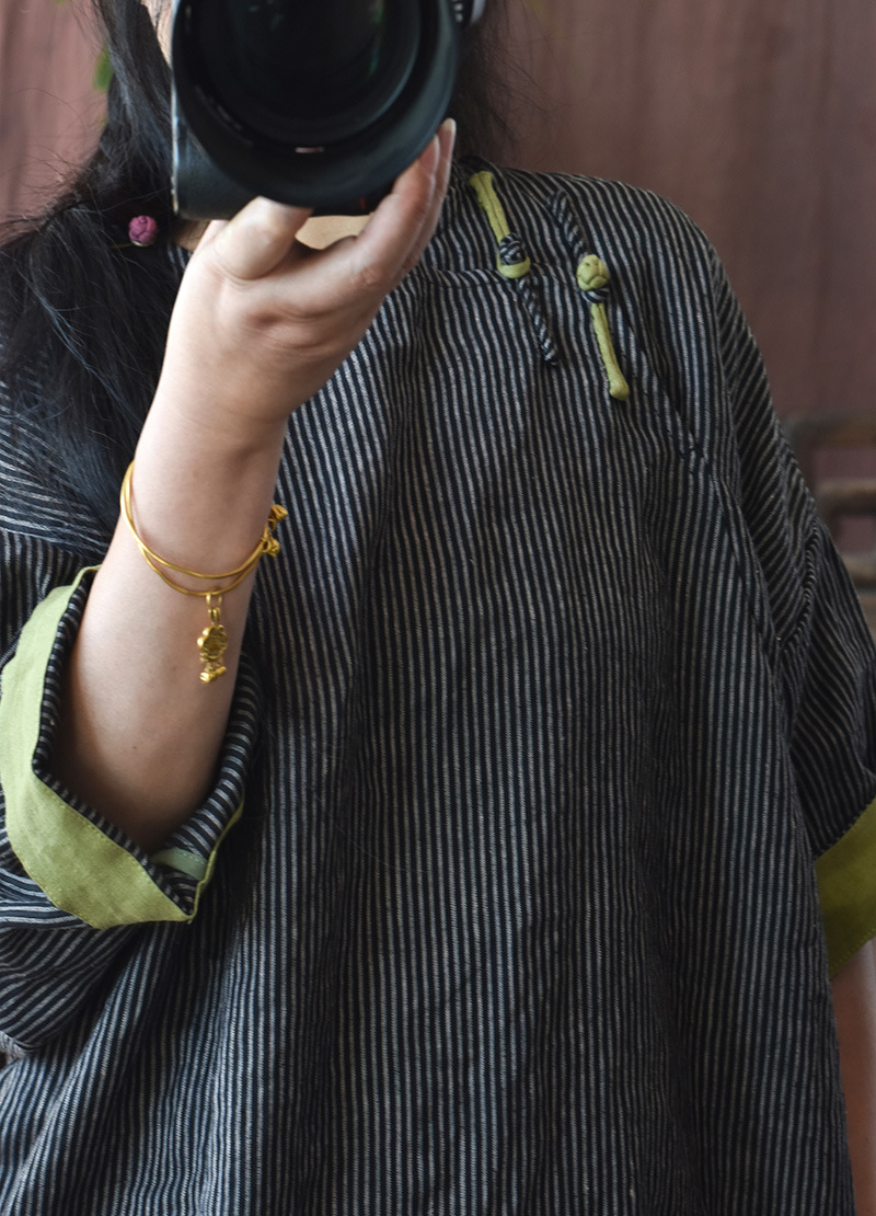 Hyacinth/Original striped contrasting color diagonal lapel hand-sewn button-up retro loose robe patchwork mid-length dress pic 11