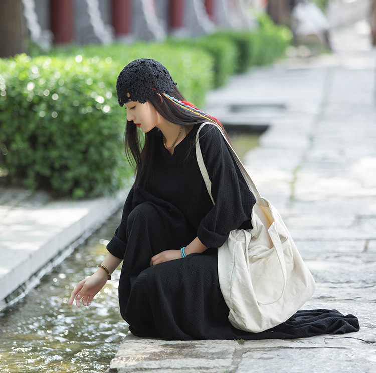 Spring and summer V-neck textured natural linen loose robe, double-layer large hem elegant long dress, retro fairy dress pic 31