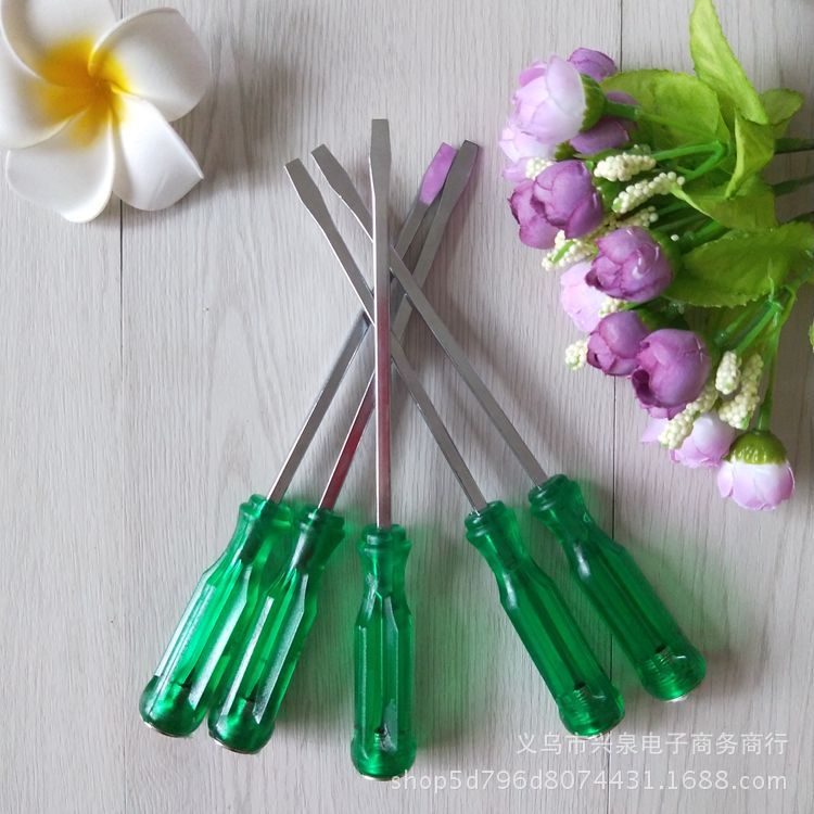 Through-hole screwdrivers, green-handled transparent screwdrivers, flat-head screwdrivers, one-yuan and two-yuan hardware tools wholesale pic 1