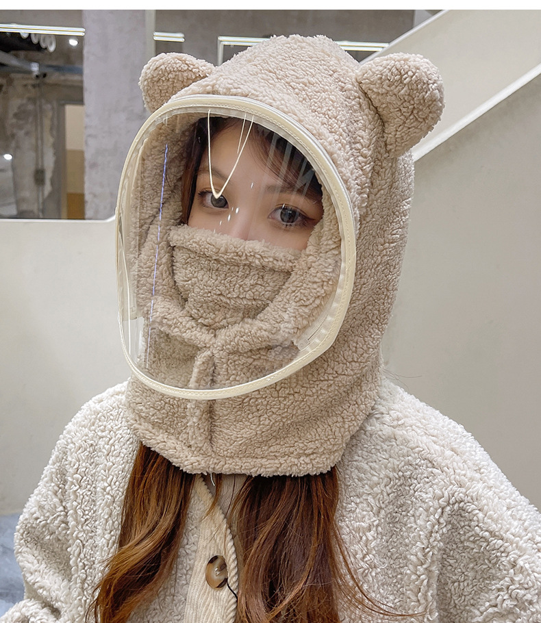 防风帽子带面罩女冬季骑车围脖一体帽加厚保暖护耳可爱小熊套头帽详情19