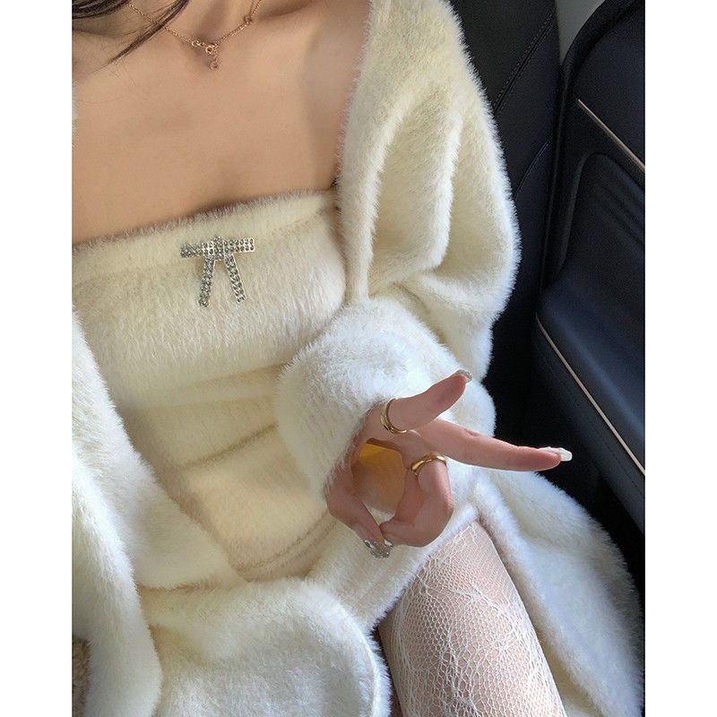 2023 Spring and Autumn laid-back and loose, knee-length, thickened, pure imitation mink fleece knitted sweater cardigan for women pic 17