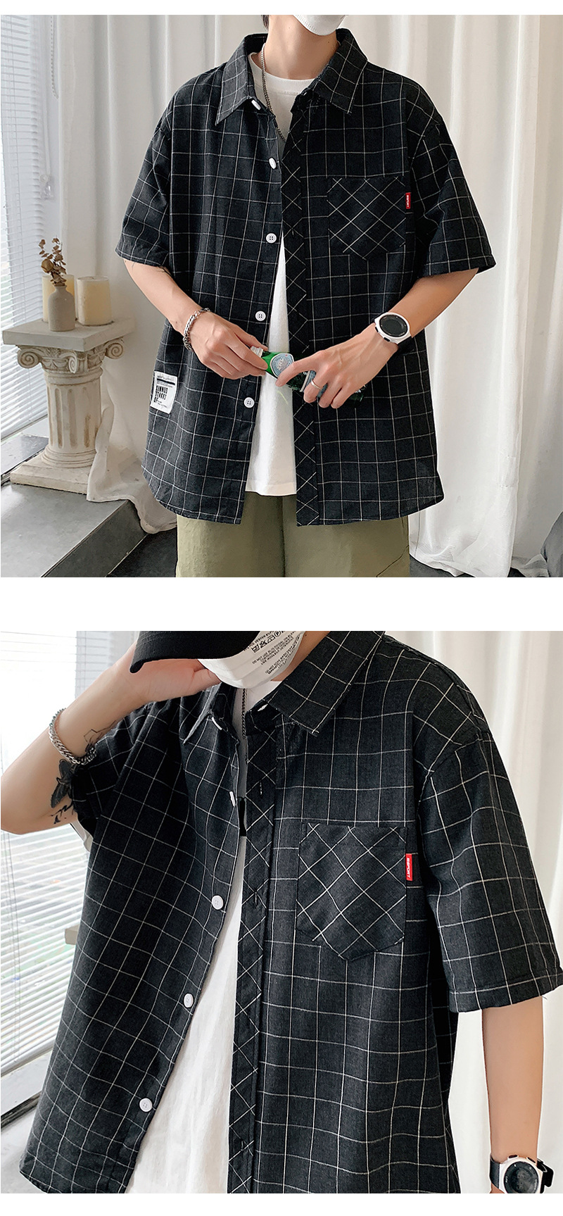 G51（港风）格子衬衫男短袖夏季男士休闲潮流帅气衬衣详情7