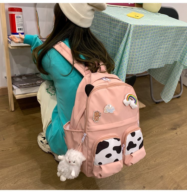 Japanese-style ins campus school style, fresh and cute, cute cow with earbuds, soft girl schoolbag, funny student backpack pic 11