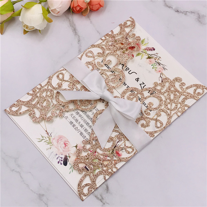 Customized wedding invitations, festival greeting cards and wedding invitations made of multi-color golden scallion powder, super flash material, hollowed-out card paper pic 15