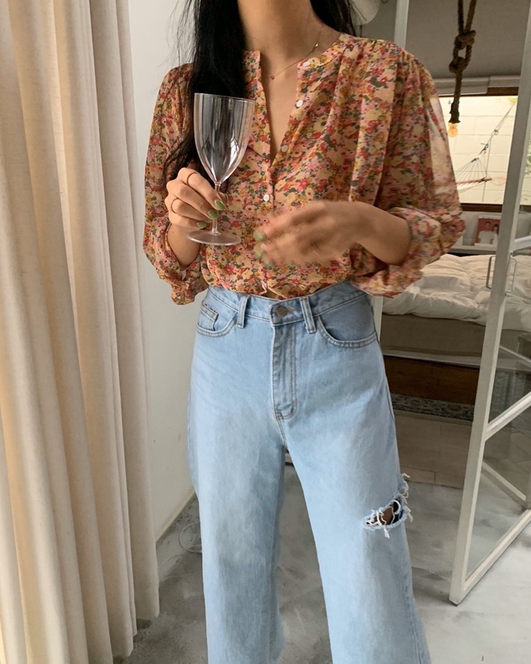 女装 ins长袖碎花雪纺衬衫女2021新款春季韩版宽松休闲单排扣上衣详情8