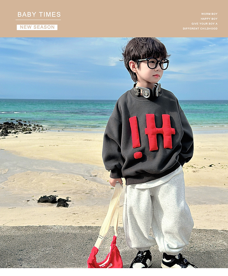 童话记忆2024秋季新款童装儿童韩版纯色卫衣贴布绣男童字母上衣潮详情1