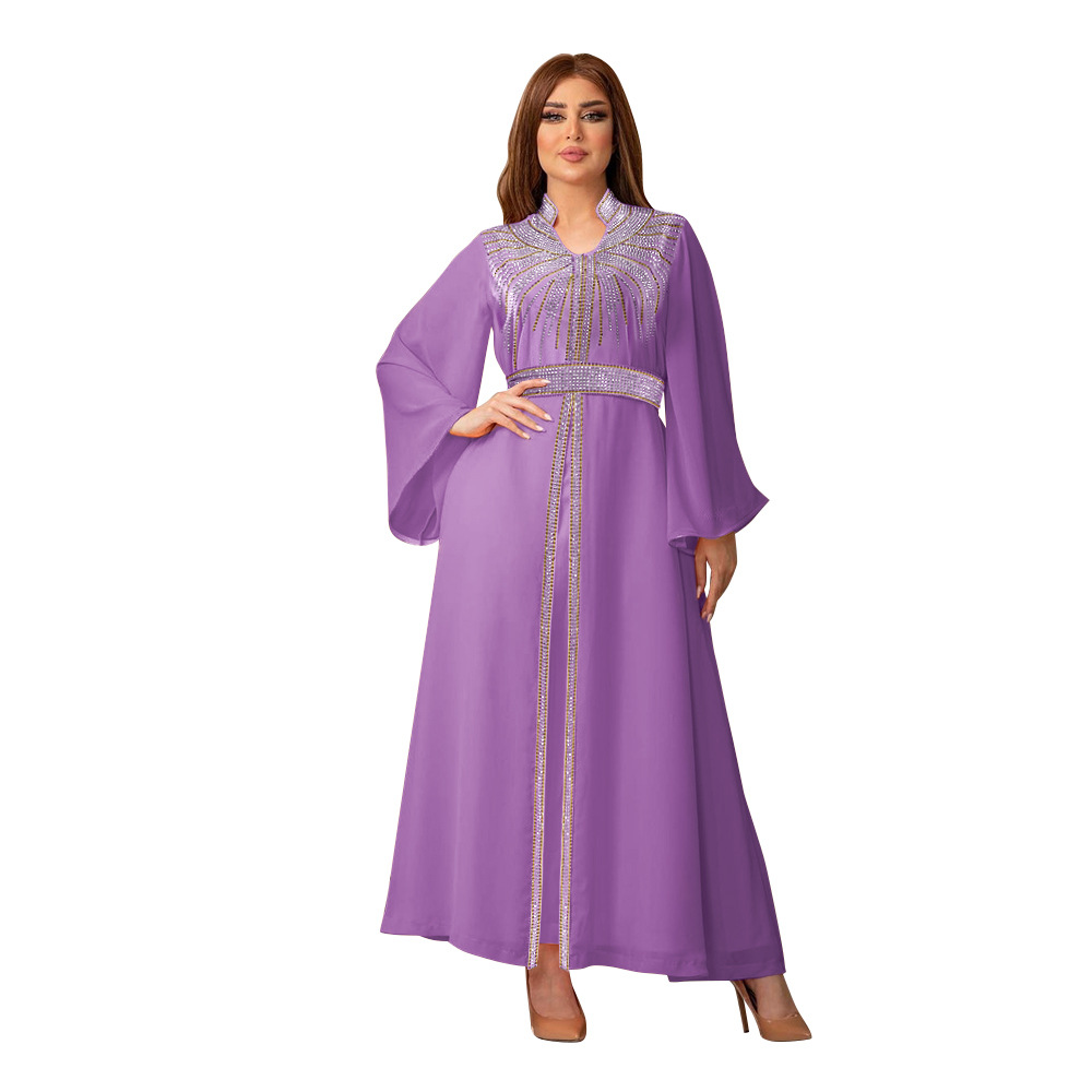 XQY500090 Foreign trade Arab robe, Middle East kaftan fashion Hot diamond belted chiffon dress pic 15