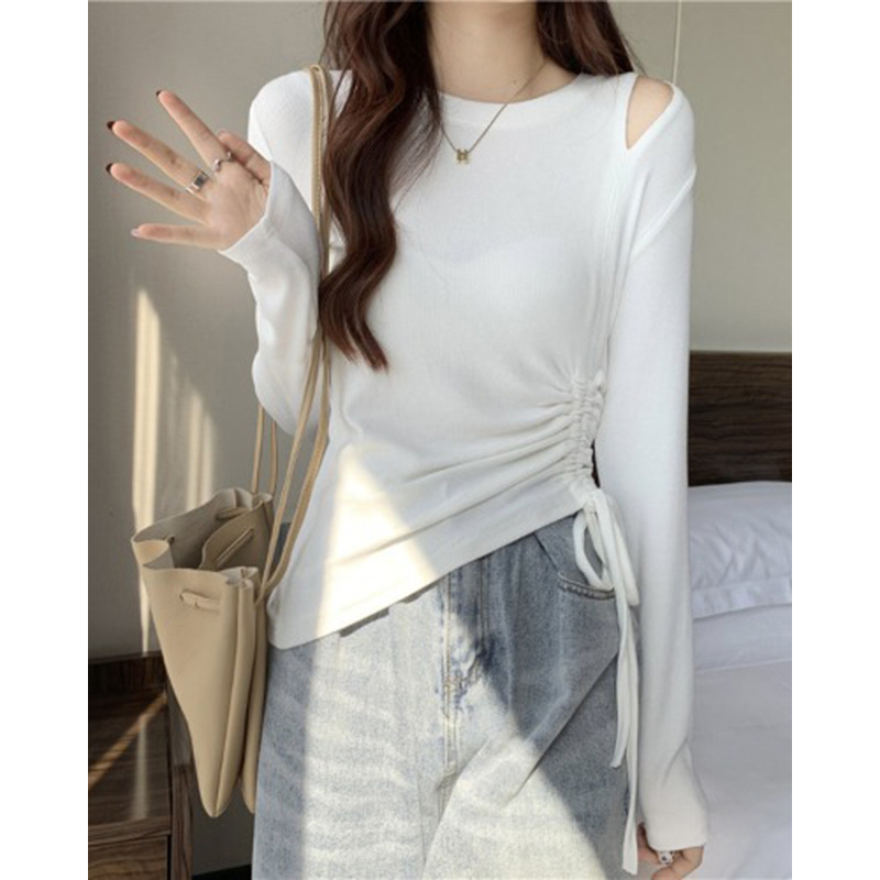 2023 New round-neck long-sleeved T-shirt for Korean women's wear, ins off-the-shoulder autumn and winter drawstring base layer, fashionable and comfortable top pic 5