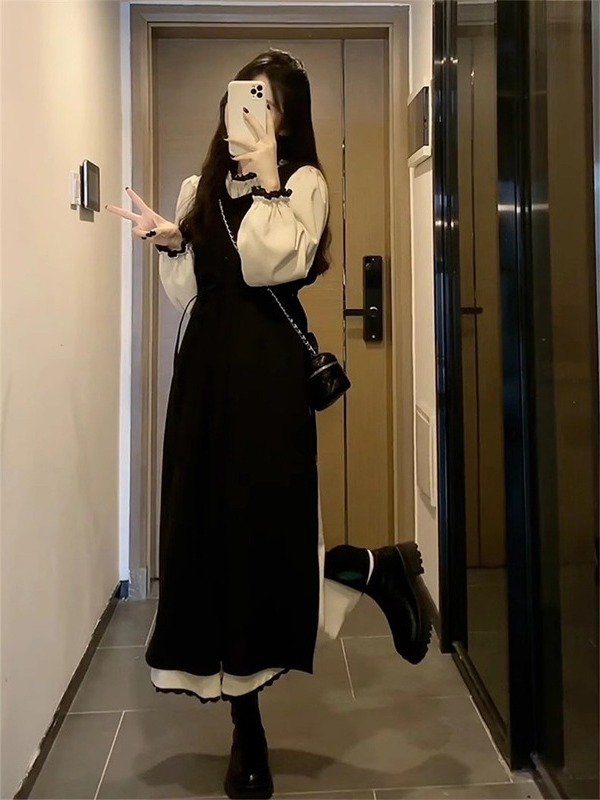 法式温柔气质黑色长袖连衣裙子女春季2024新款高级感拼接显瘦长裙详情4