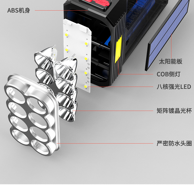 跨境8灯珠led多功能强光手电筒COB侧灯户外便携家用USB充电手电筒 pic 8
