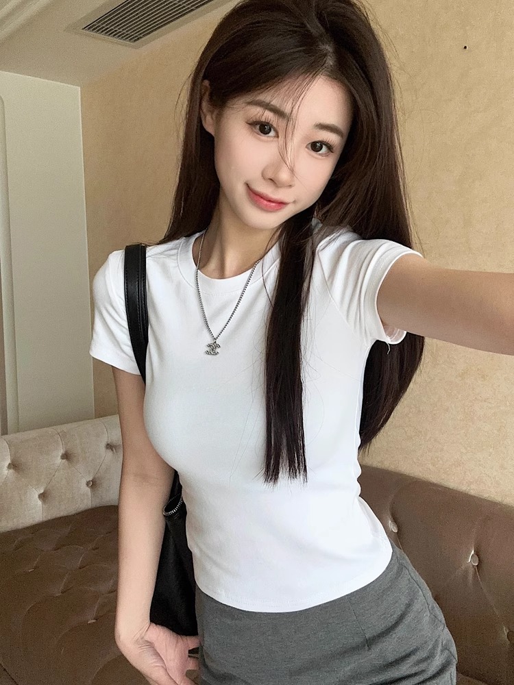 白色短袖打底衫内搭t恤女2024夏季新款显瘦修身辣妹短款正肩上衣详情7
