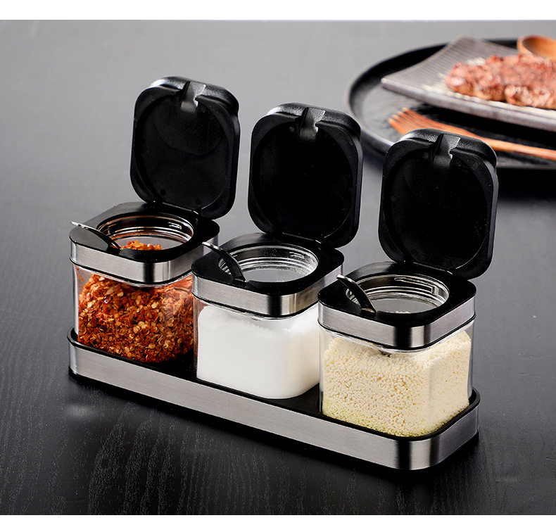 New product direct supply from the manufacturer: 304 stainless steel seasoning jar three-piece set, creative kitchenware glass seasoning box set pic 13