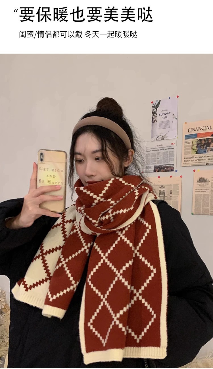 围巾女秋冬款韩版格子双面菱形围巾情侣高档百搭毛线围脖双面保暖详情5