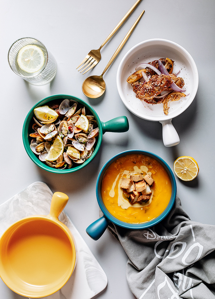 Nordic creative handle bowls, baking bowls, baked rice bowls, ceramic tableware, instant noodle bowls, Japanese handle bowls, breakfast salad bowls pic 10