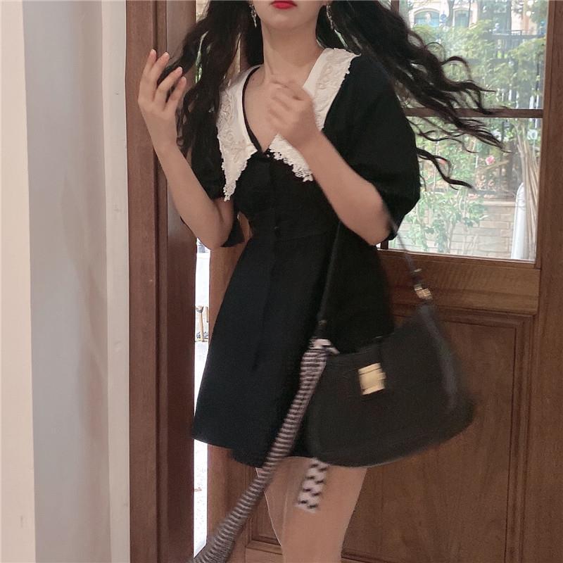 胖妹妹复古撞色娃娃领连衣裙大码小个子轻熟风优雅气质小黑裙女夏详情2