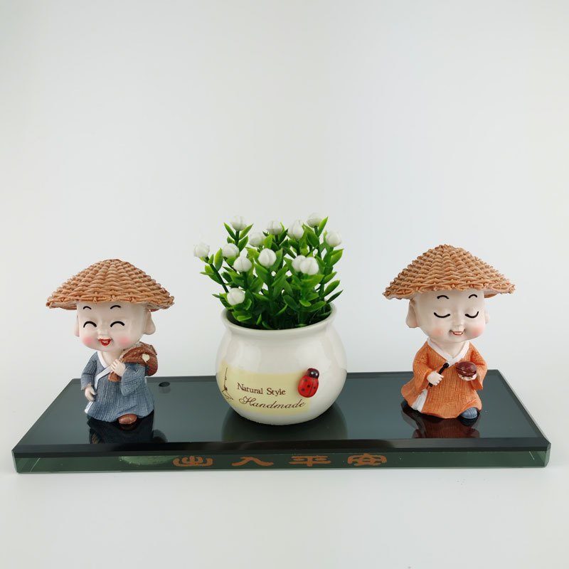 行走江湖小和尚汽车摆件园艺小摆件盆景装饰工艺品草帽和尚详情10