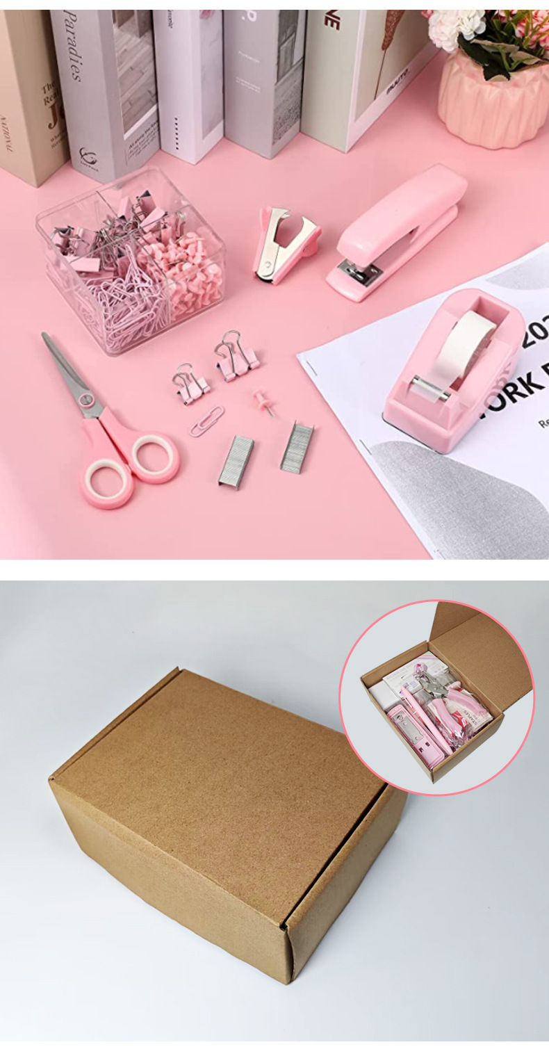Customized pink office stationery set wholesale, cross-border stapler, scissors, notebook, multi-functional binding combination pic 7