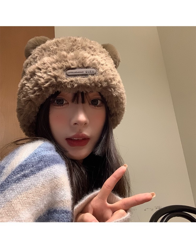 韩系可爱小熊毛绒针织帽子女秋冬季加厚保暖包头帽仿皮草套头盆帽详情6