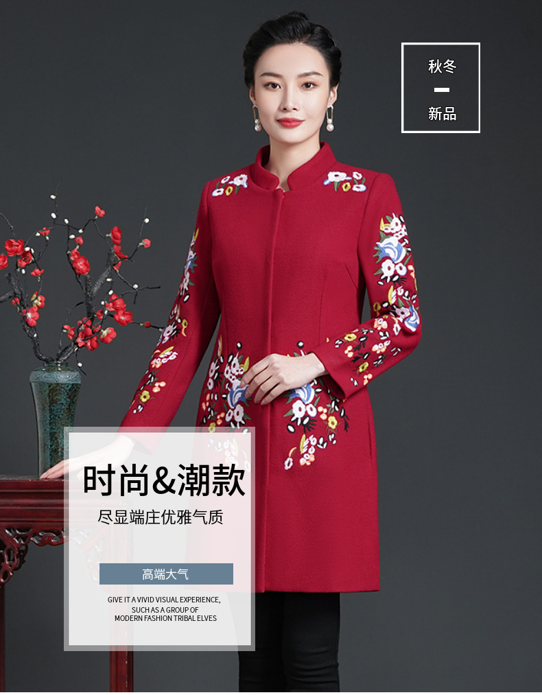 中老年红色毛呢外套2021冬季宴会绣花短大衣喜婆婆妈妈装一件代发详情5