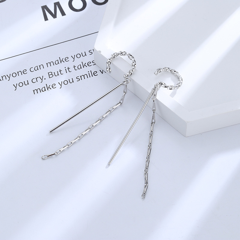 Long ear-clip-style earrings without ear piercings, simple and elegant for women, a niche European and American twisted long tassel ear-hanging bone clip pic 27