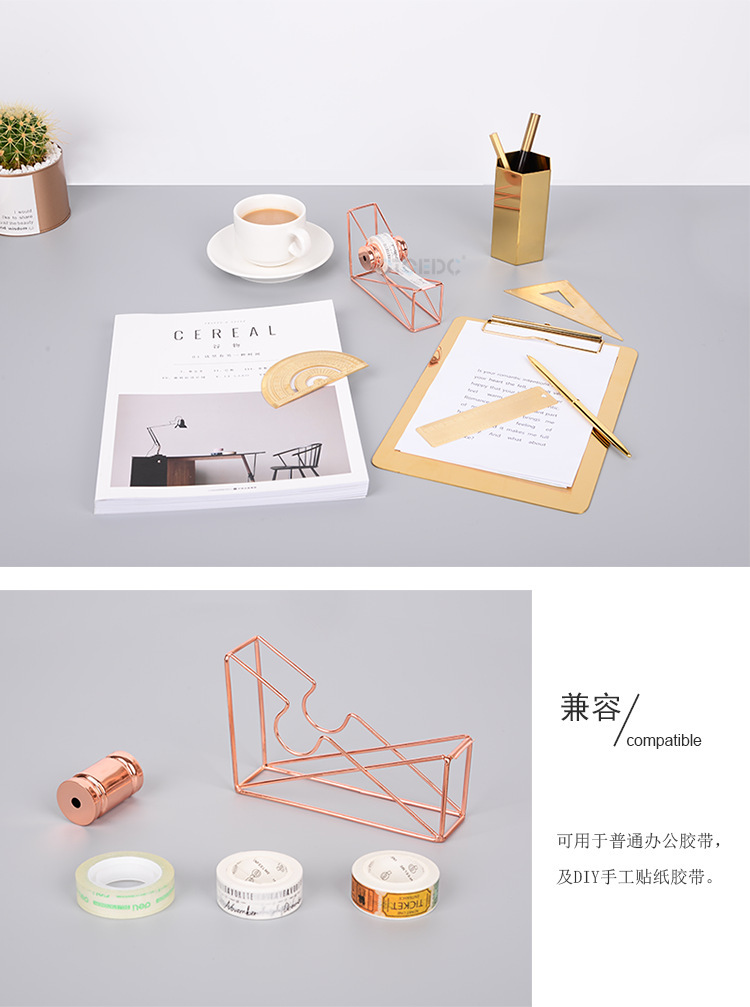 Ins-style light luxury ironwork rose gold tape cutter, manual multi-functional tape machine, student journal tape holder pic 7
