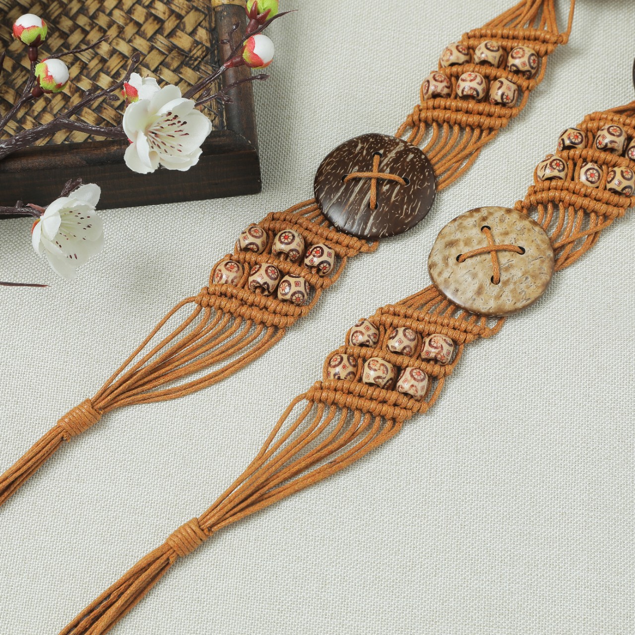 波西米亚风腰带 复古蜡绳编织女 腰带 民族风椰壳流苏腰绳腰链详情4