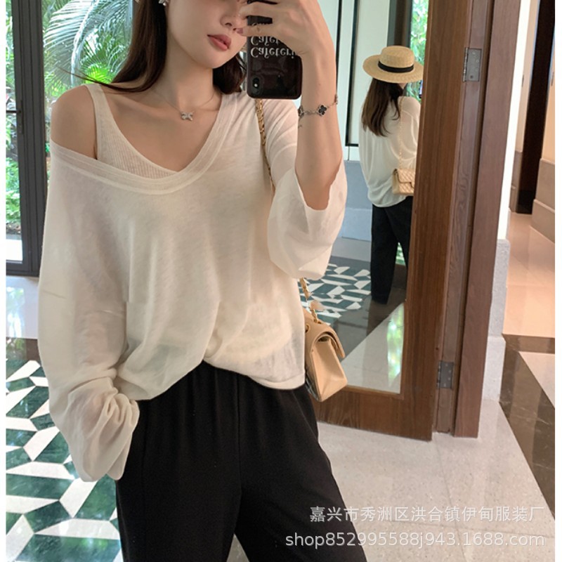 A two-piece set of woolen sun protection long-sleeved knitted top and vest for women in Spring/Summer 2024, featuring a thin, loose and casual cardigan T-shirt pic 3