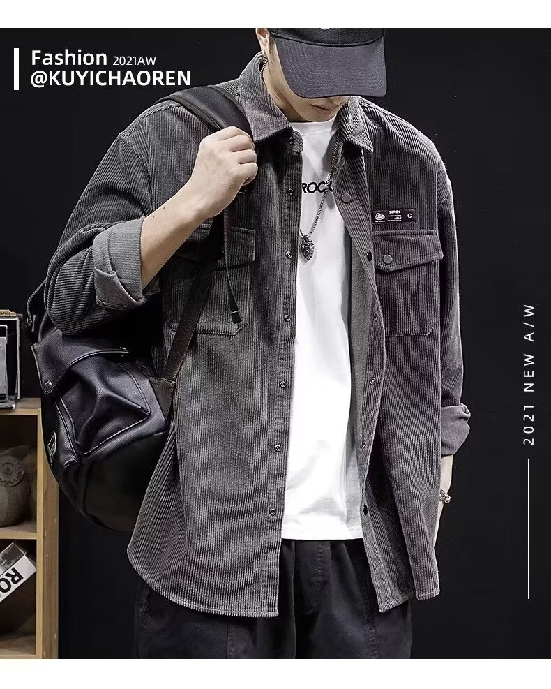 春秋新款男士灯芯绒衬衫 日系复古休闲百搭工装长袖上衣 外套搭配羽绒服保暖时尚详情10