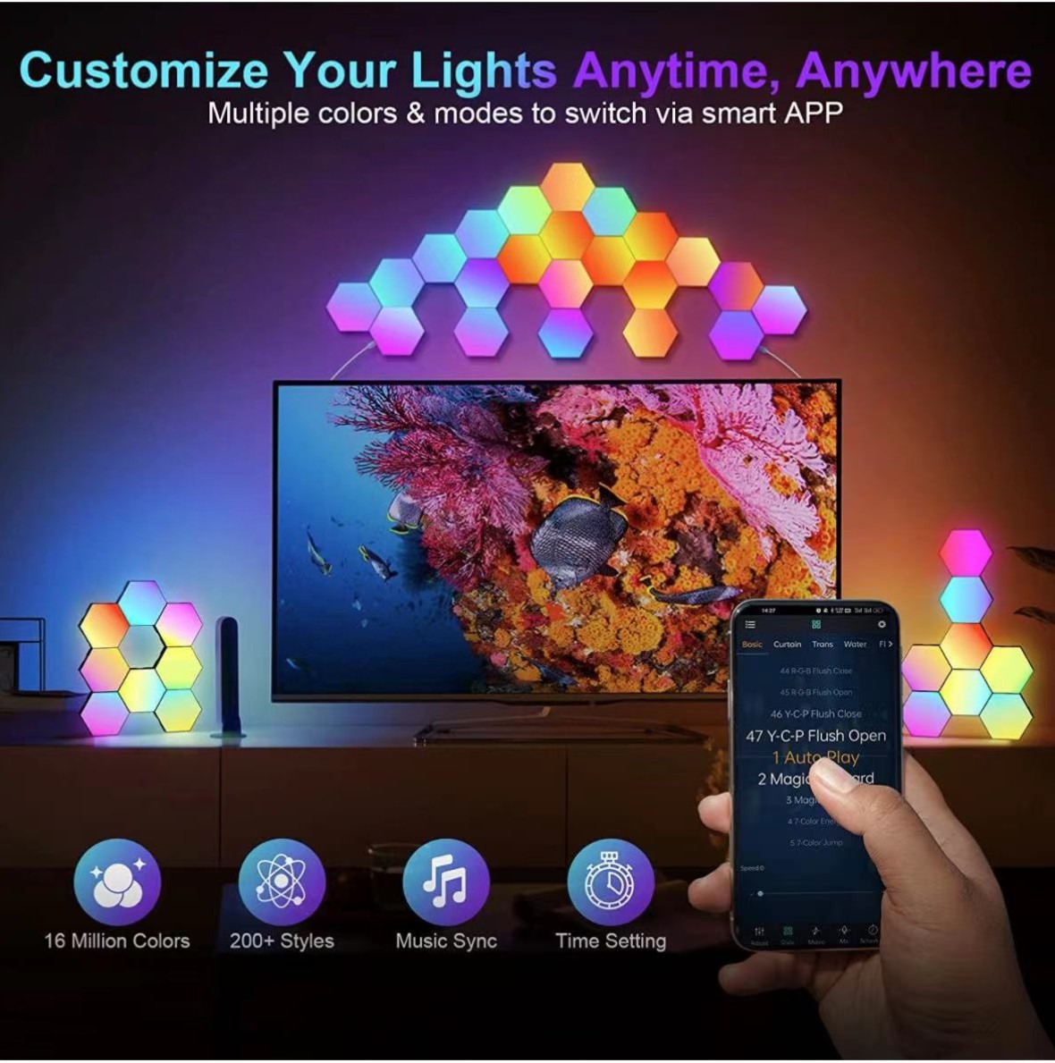 مصابيح التحكم في الصوت الصوتية والمصابيح التحكم في إيقاع الموسيقى (RGB) ذات الألوان المتطابقة، ومصابيح الكم الذكي pic 15