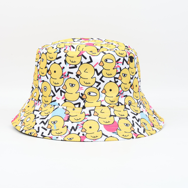 Cross-border style little yellow duck printed fisherman's hat, European and American outdoor sunshade basin hat, fashionable cartoon sunshade sun hat pic 8