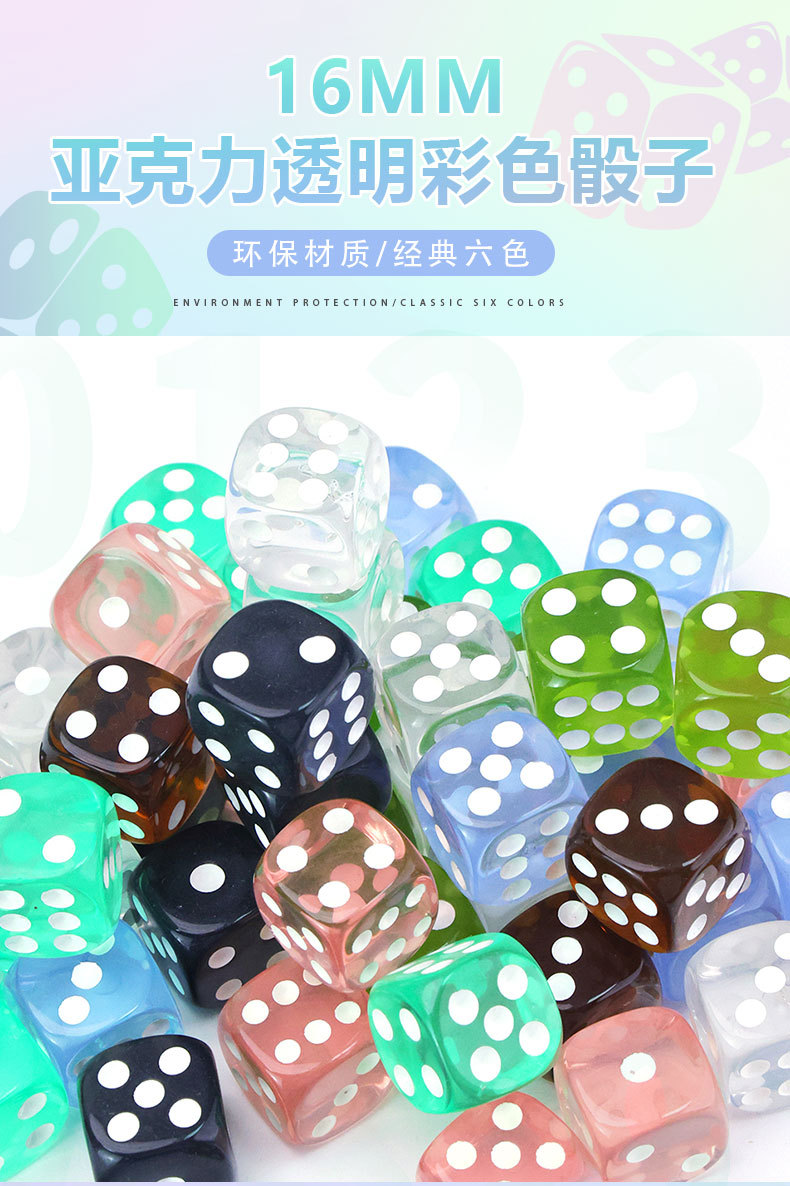 16mm亚克力透明彩色骰子娱乐用品筛子投子详情1