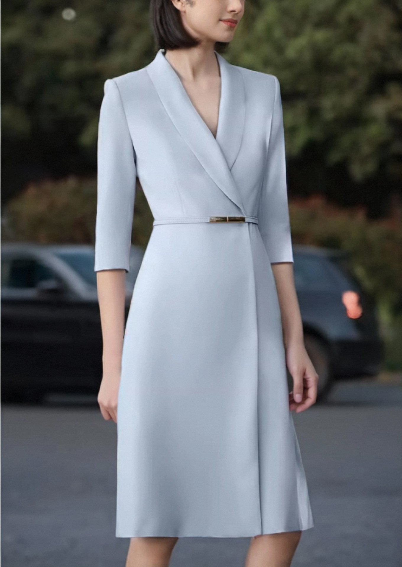 职业装春秋连衣裙女正式场合绿色西装裙气质时尚主持人中长a字裙详情13