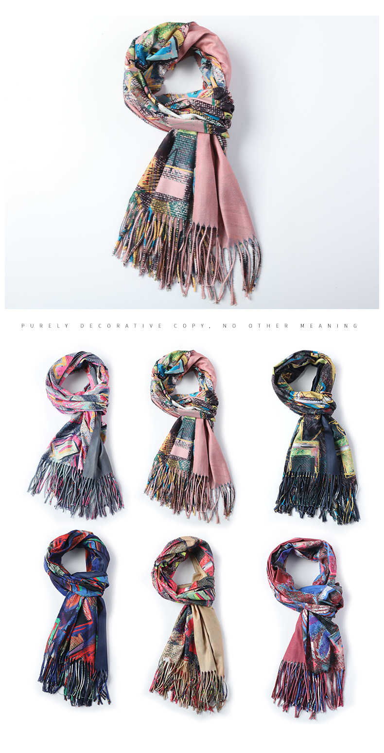 Digital printed scarves, double-sided faux cashmere scarves, custom oil painting floral style scarves, cross-border shawls wholesale pic 8