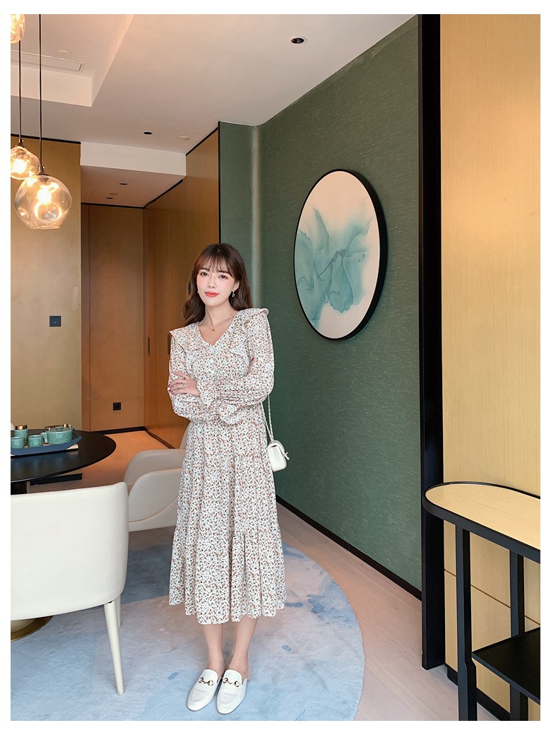 2023春款时髦韩版女装小V领好看的长袖碎花雪纺连衣裙女详情18