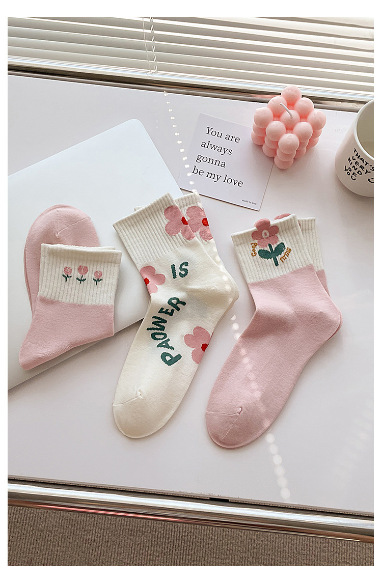 袜子地摊一件代发中筒袜女士秋冬 可爱小花刺绣女袜 百搭甜美袜子双针精梳棉棉袜女一件代发详情18