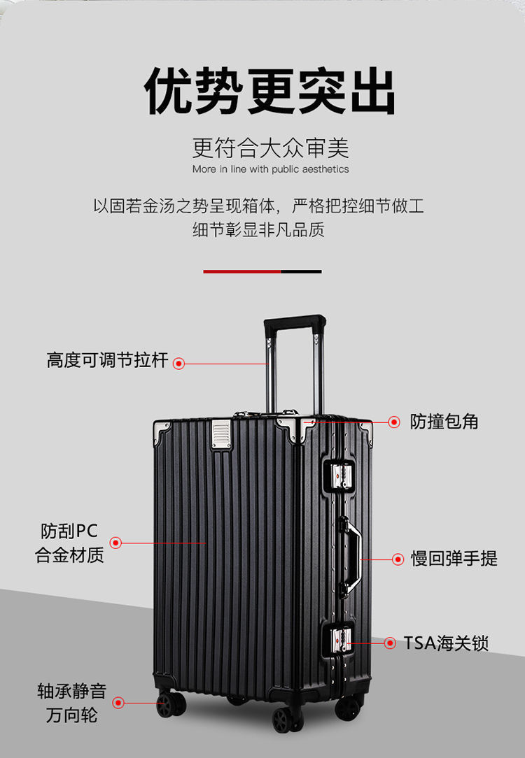 【抖音专属】铝框行李箱结实耐用拉杆箱万向轮旅行箱大容量密码箱详情2