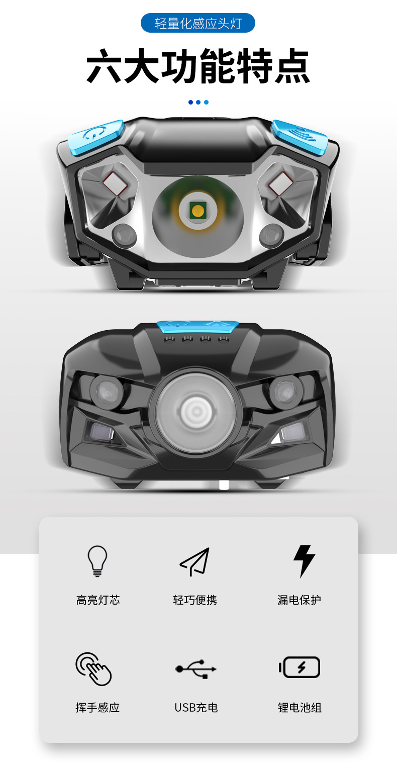 猎天鹰充电感应头灯强光超亮夜钓灯头灯防水户外轻量头戴式电筒详情2
