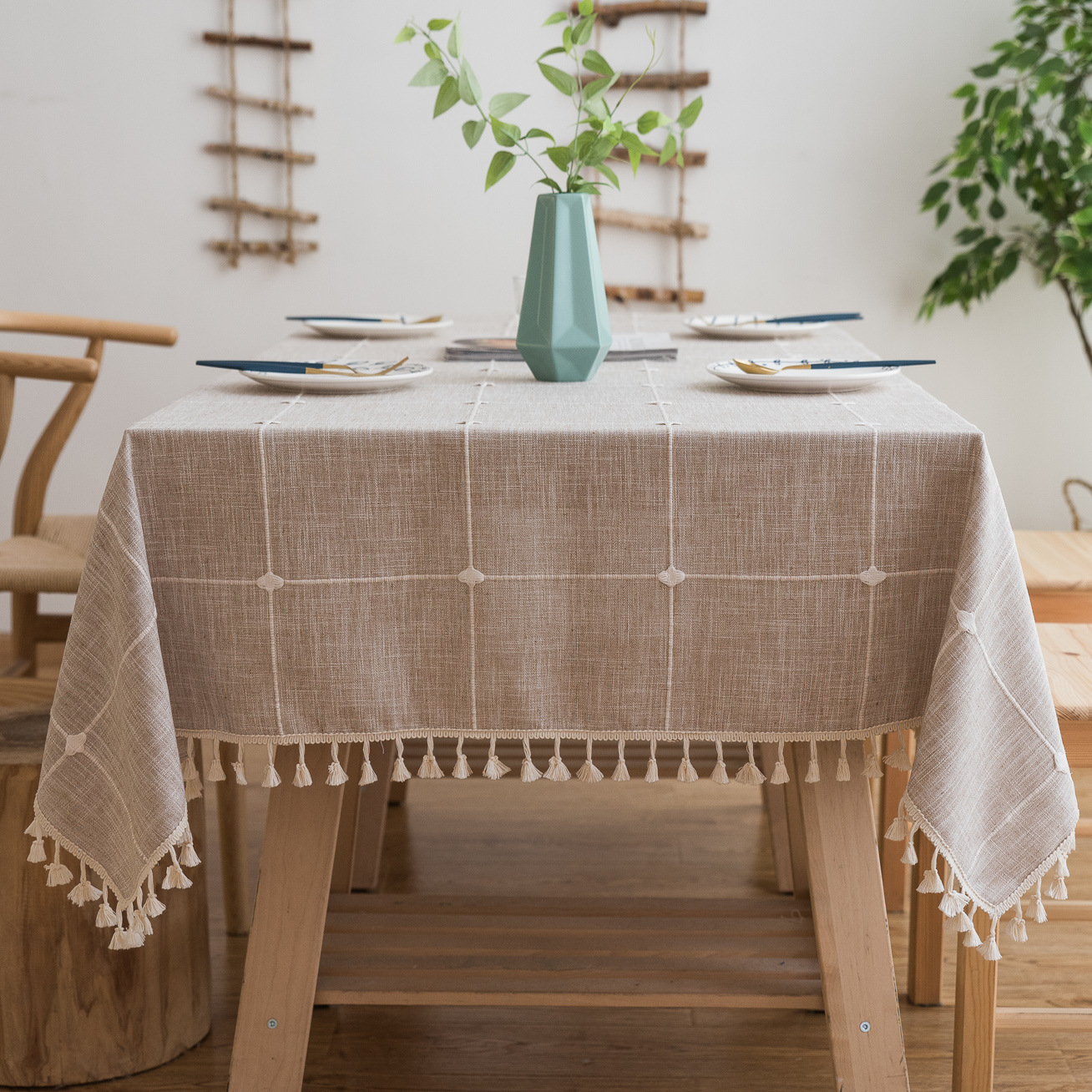 Cross-border Amazon farmhouse antique embroidery party tablecloth, cotton and linen outdoor linen coarse linen waterproof cover tablecloth pic 5