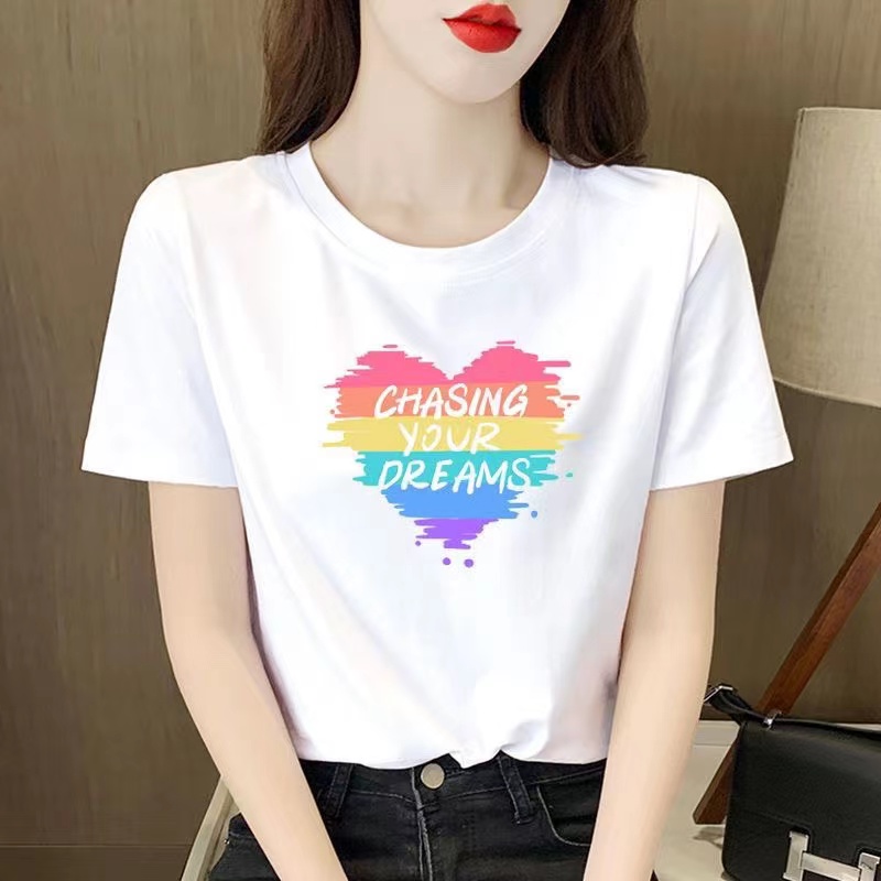 白色女士棉短袖T恤女2023新款夏季小个子体恤正肩大码印花上衣详情15