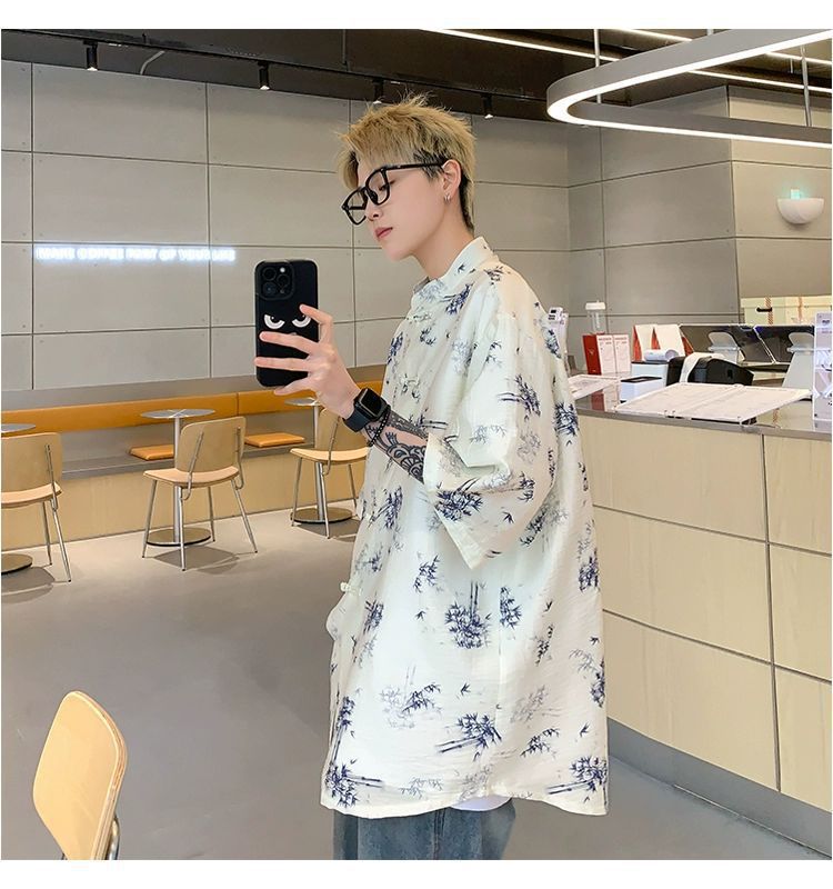 国潮青少年中国风竹子免烫处理短袖衬衫男夏季新中式盘扣潮流宽松半袖详情9