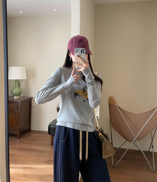 Playful and youthful embroidered printed puppy loose straight top straight-shoulder round-neck long-sleeved T-shirt for women 2025 early Spring G021418 pic 22