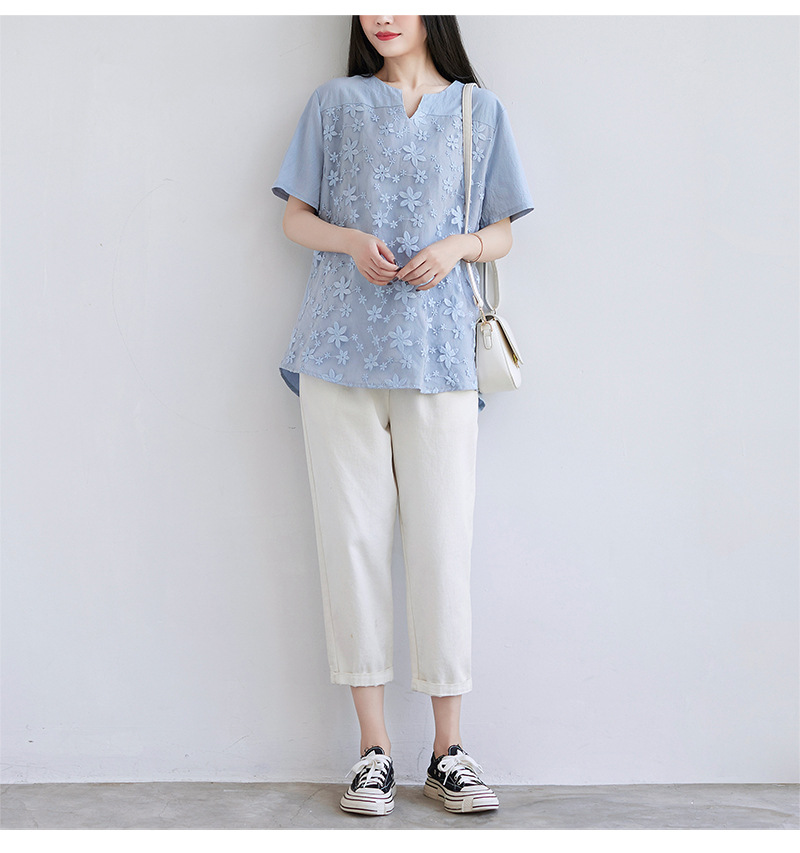 2022夏季新款速卖通欧美女装蕾丝刺绣短袖衬衫宽松女士上衣T恤详情19