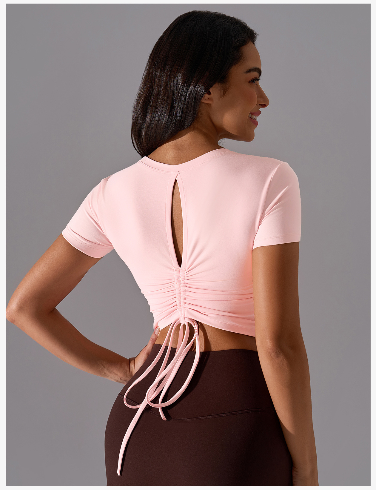 裸感亲肤健身t恤女短款百搭抽绳运动上衣固定杯瑜伽短袖D25061详情14