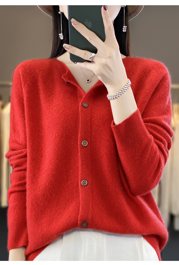 爆款批发秋冬季新款纯羊毛桂花针开衫宽松大码圆领羊毛衫详情30