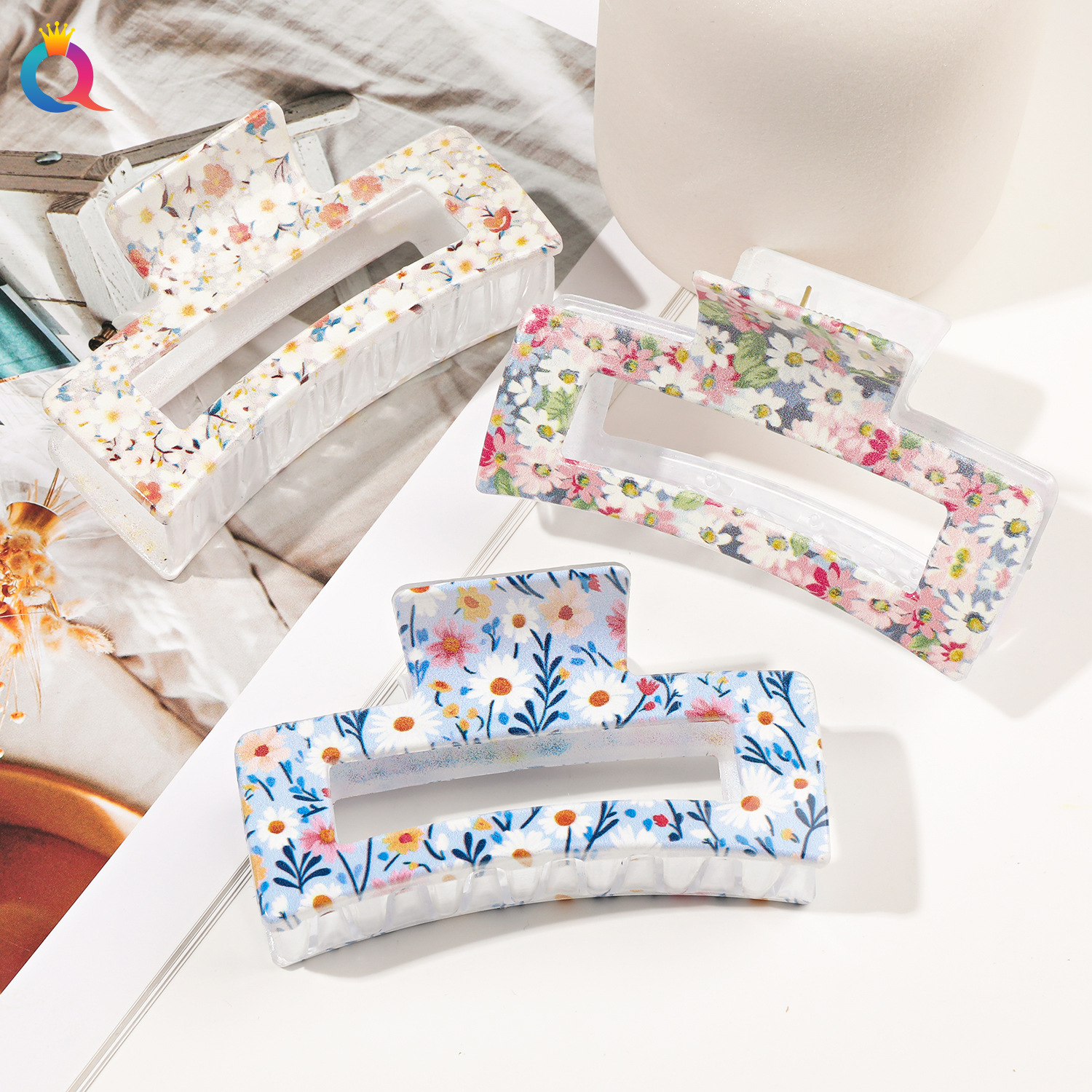 奇阅新款时尚UV印花方形抓夹女欧美创意盘发发夹小清新鲨鱼夹批发详情8