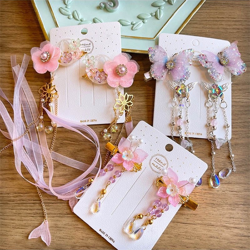 中国风儿童头饰套装女童汉服发夹古风发卡步摇超仙流苏蝴蝶发饰详情23