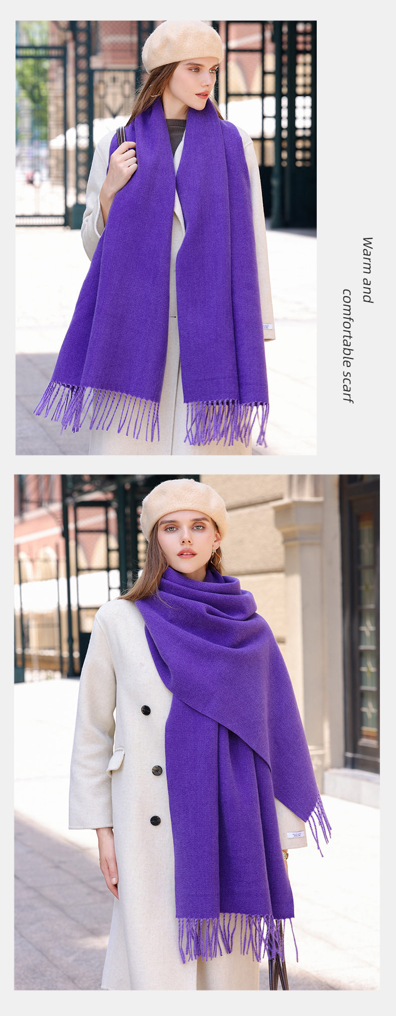 The 2023 new double-sided solid color macaron scarf for women is a bestseller in winter. It is fashionable and warm with faux cashmere tassels. Wholesale pic 36